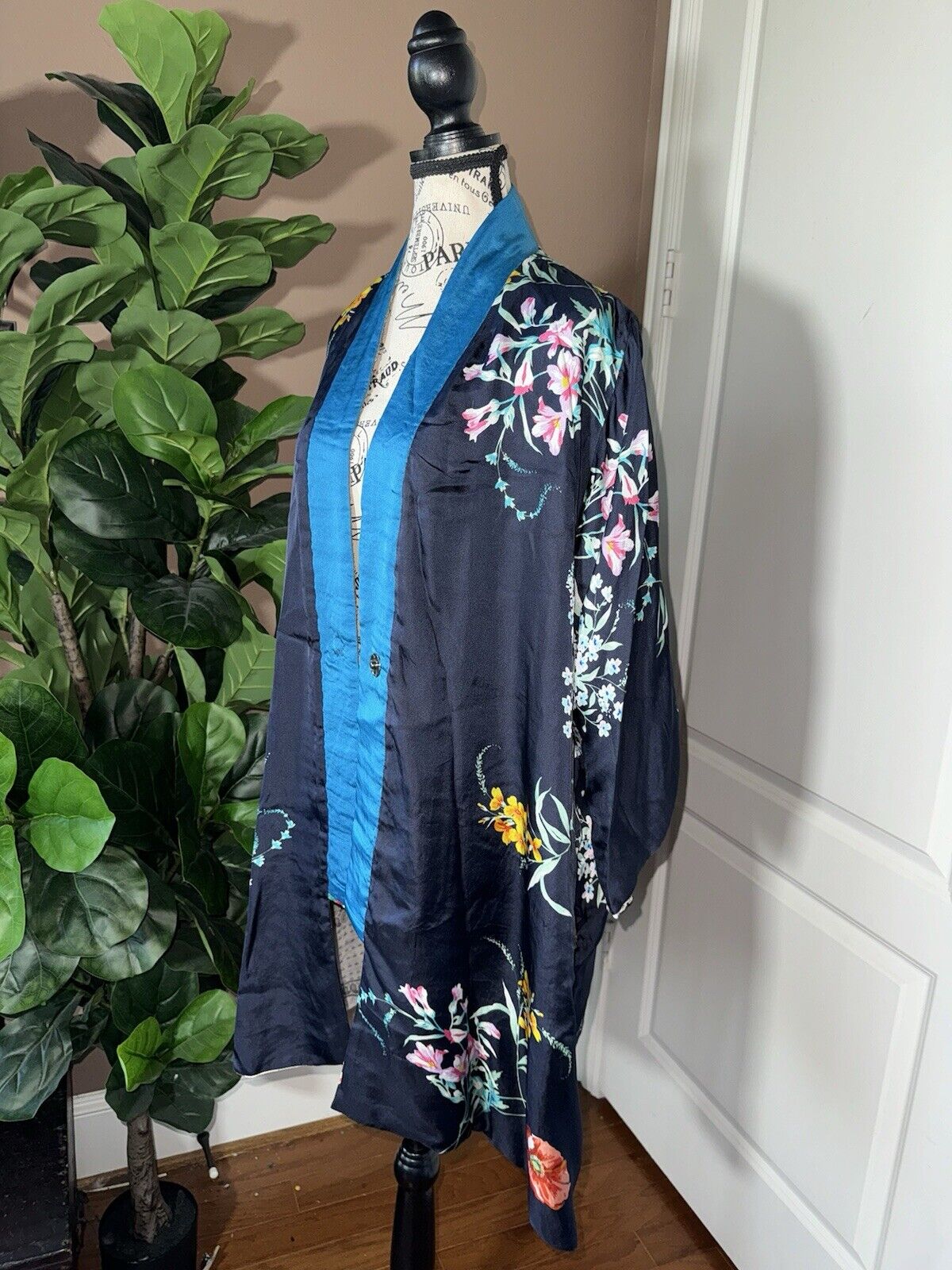 Johnny Was Sz L Silky Kimono Duster REVERSIBLE Embroidered Cardigan Wrap