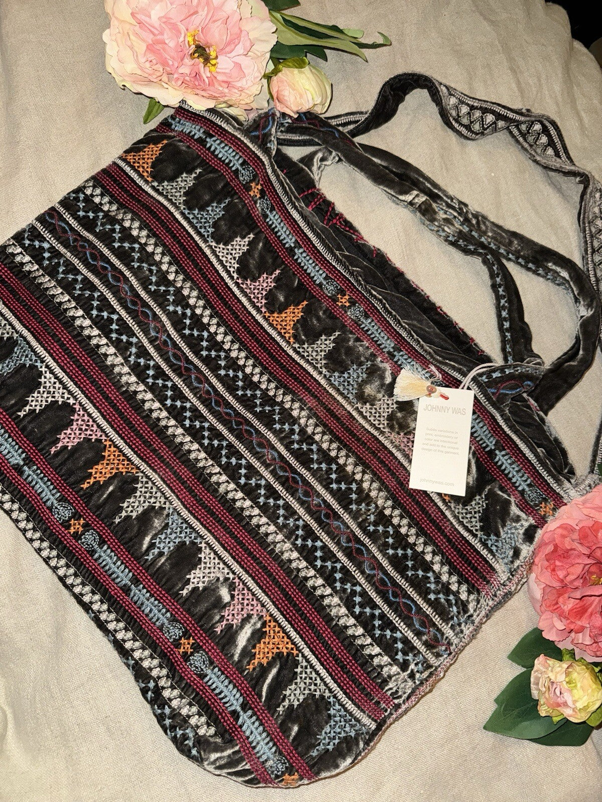 Johnny Was Large Grey Velvet Hobo Bag Tote Purse Embroidered Crossbody Johnny Was