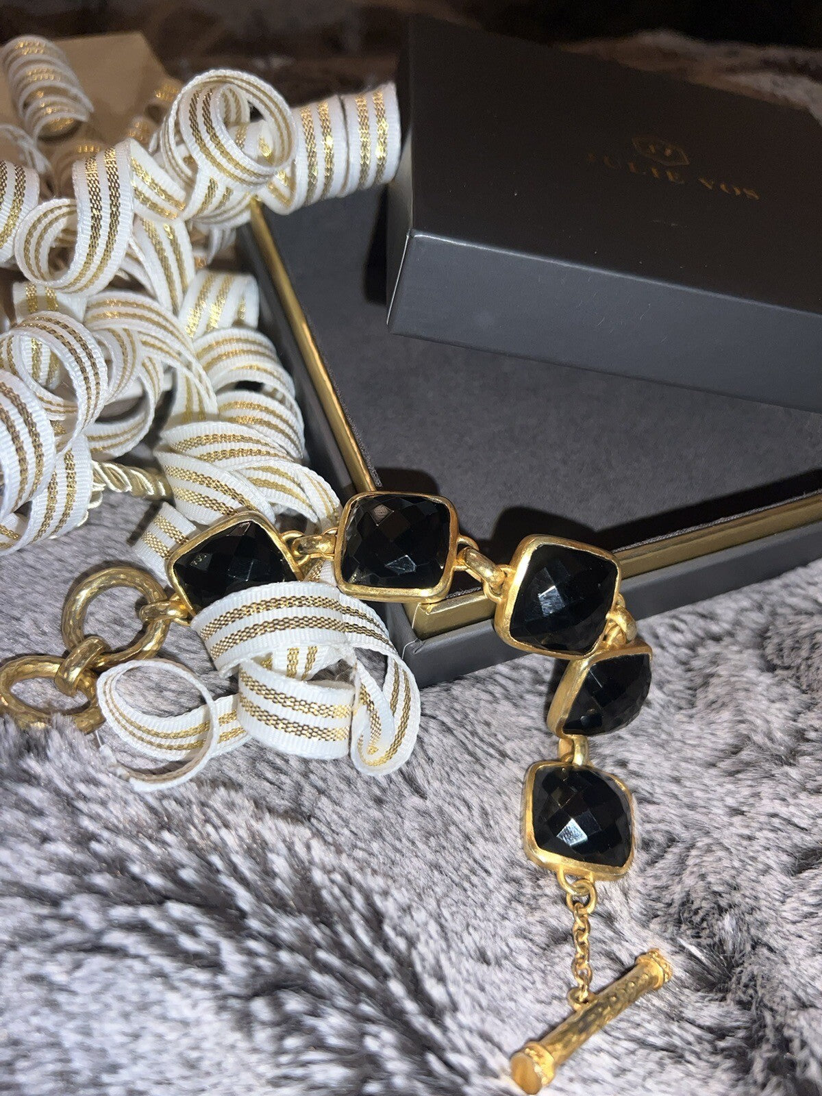 Julie Vos 8” Large Size Black Obsidian Link Bracelet Adjustable Toggle Julie Vos