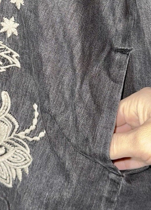 Johnny Was L Denim Chore Jacket Shacket Coat Black Grey Wash Embroidered Johnny Was