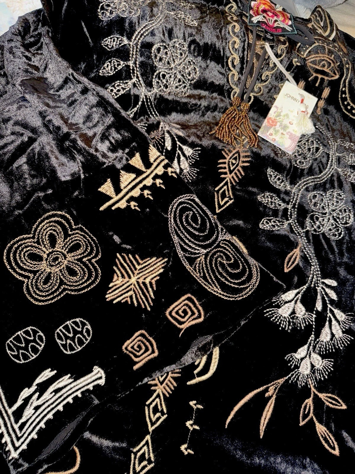 Johnny Was 1X 1XL Plus Black & Gold Velvet Kimono Shift Mini Dress Tunic Johnny Was