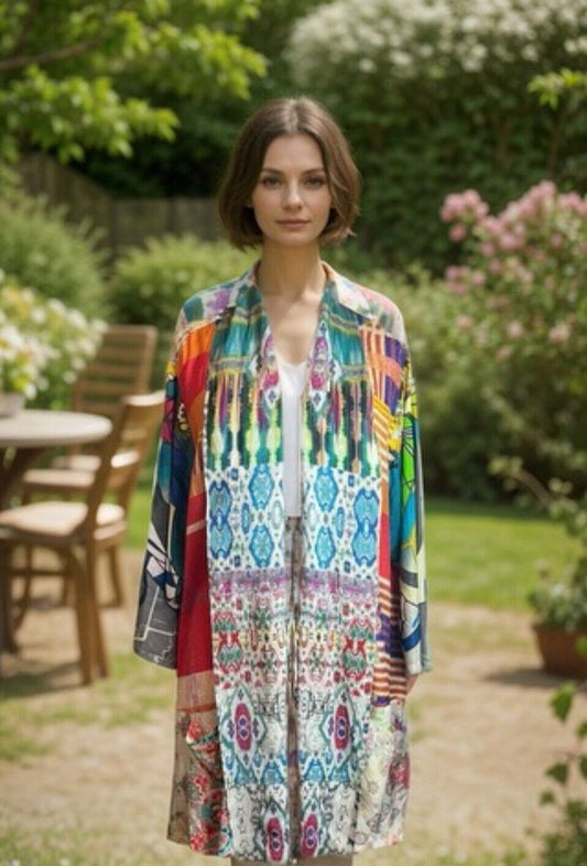 New Johnny Was 100% Silk Kimono Sz 1X 1XL XL Wrap Jacket Cardigan Colorful