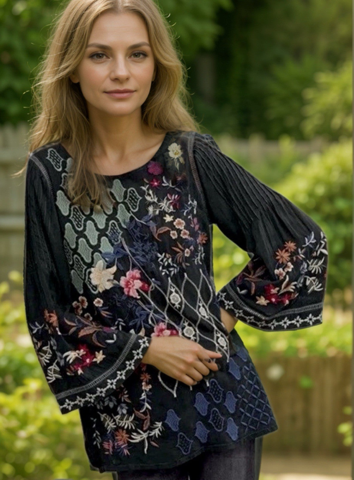 Johnny Was L Black Embroidered Blouse Tunic Top Mini Dress Kimono Sleeve Shirt Johnny Was