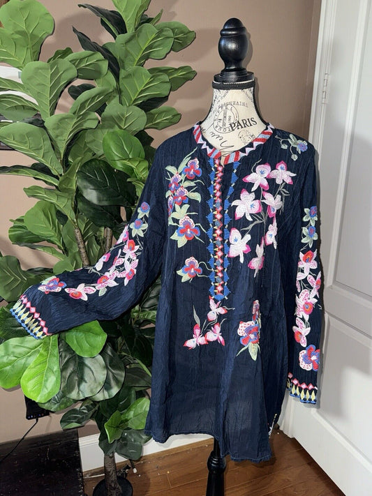 Johnny Was 3X Blouse Navy Blue Top Long Sleeve Shirt Embroidered Tunic Boho