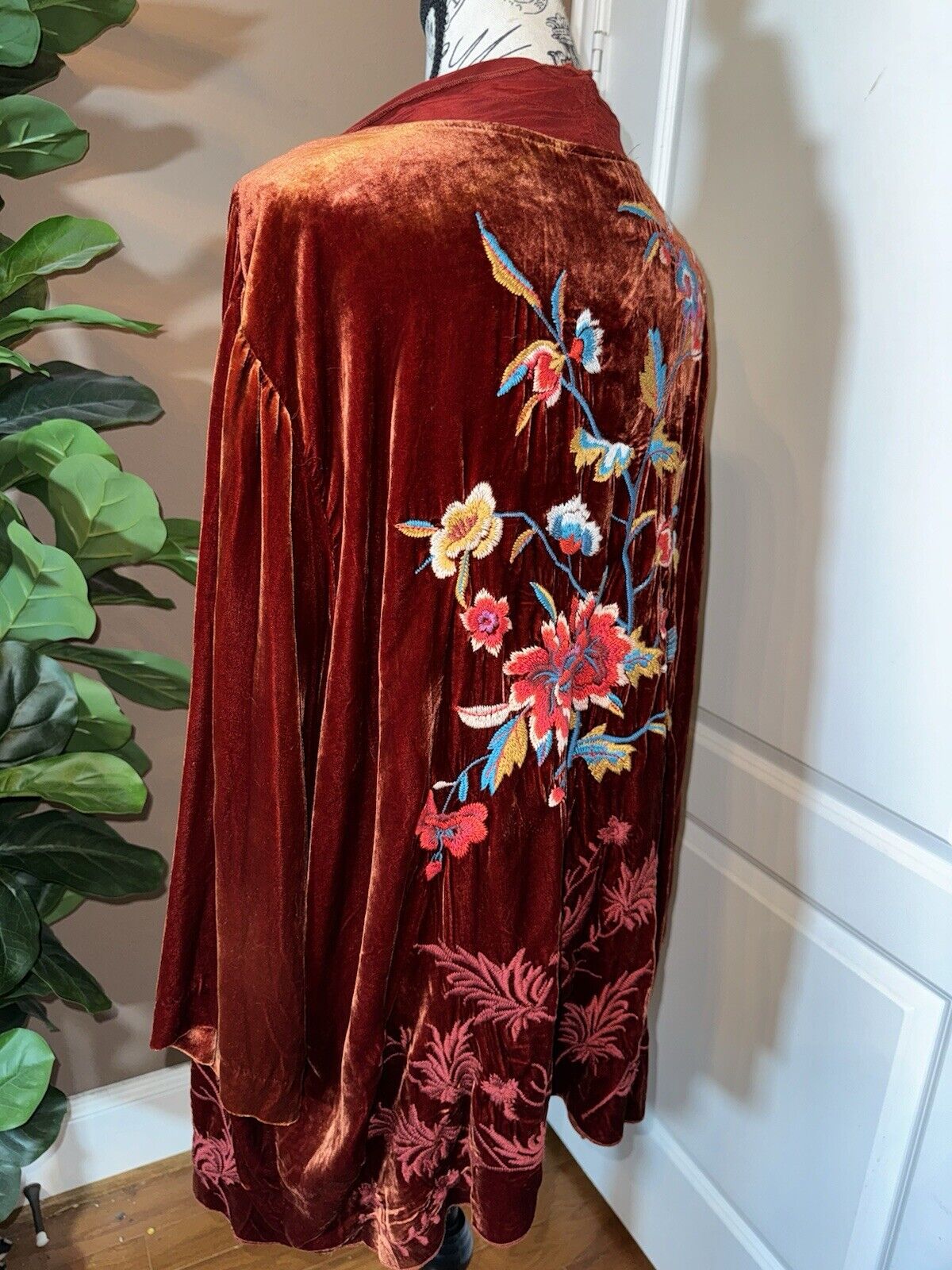 Johnny Was 3X Wine Red Velvet & Silk Kimono Wrap Embroidered Cardigan Jacket