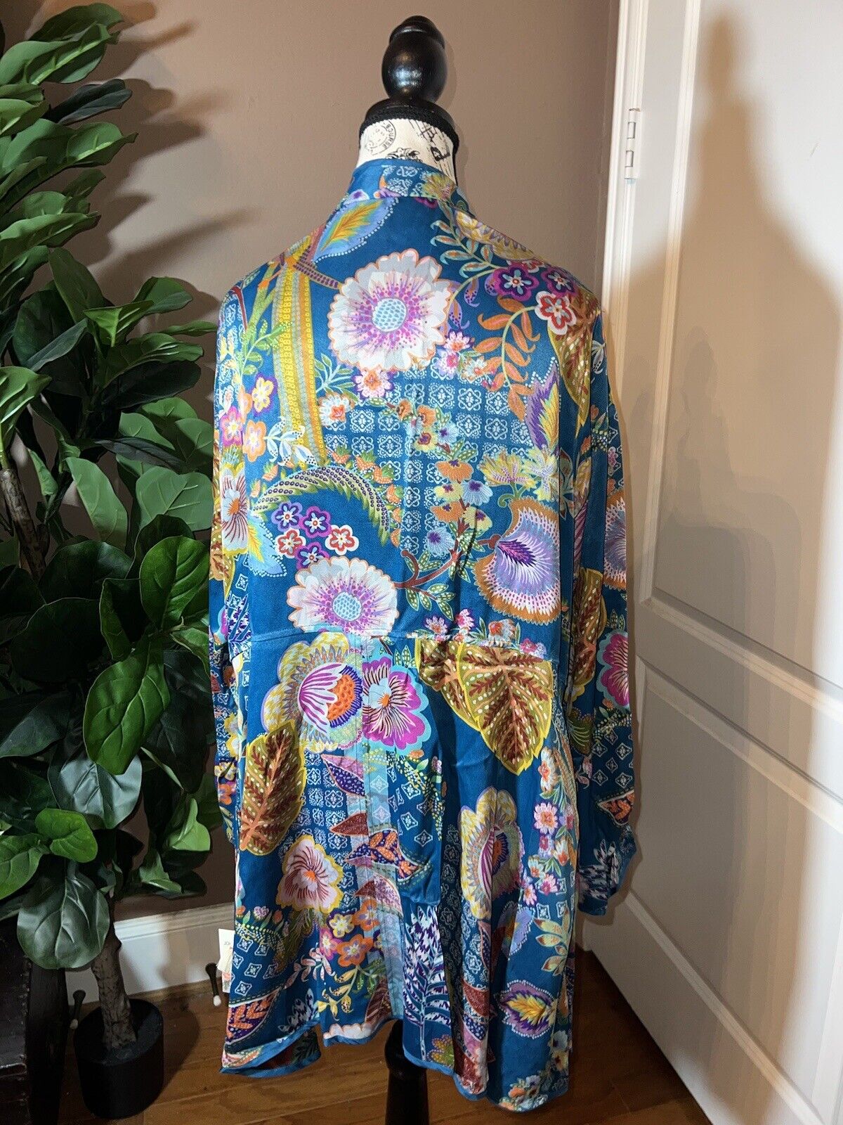 Johnny Was Duster Kimono REVERSIBLE XL 1X   Teal Blue & Wine Red Florals