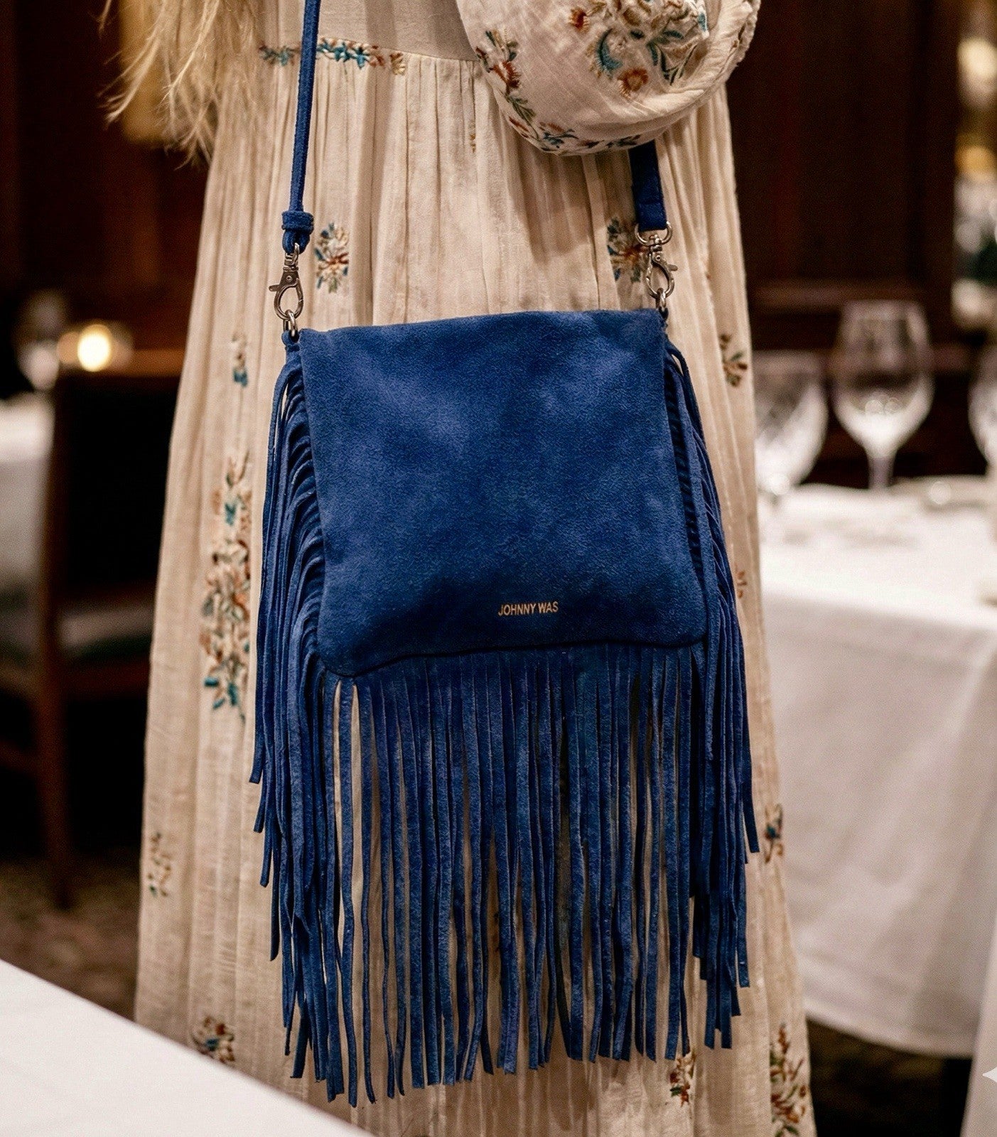 Johnny Was Blue Suede Leather & Fringe Crossbody Bag Purse Shoulder Tote Johnny Was