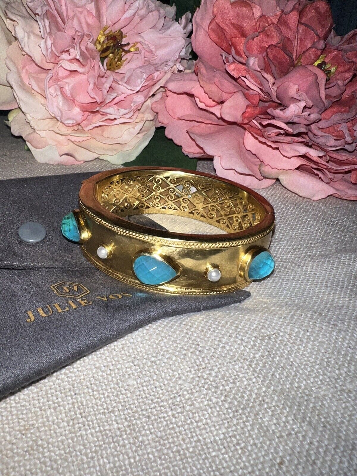 Julie Vos Large Hinged Bangle Cuff Bracelet 24k Gold Plate Bahamian Blue