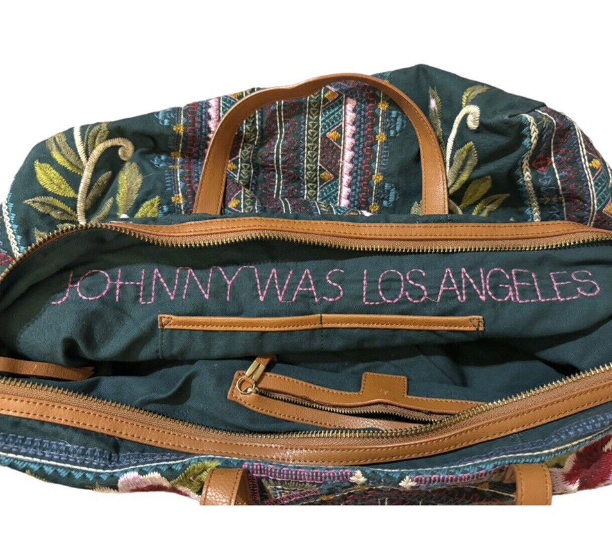 Johnny Was Embroidered Canvas & Leather Tote Travel Bag Purse Beautiful