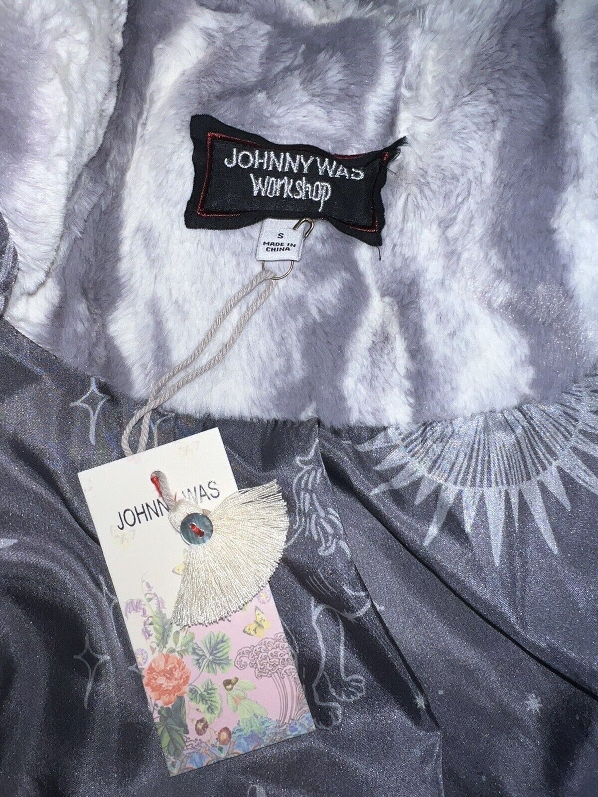 Johnny Was Snow Lynx Faux Fur Coat Jacket Wrap S Small  100% Silk Lining