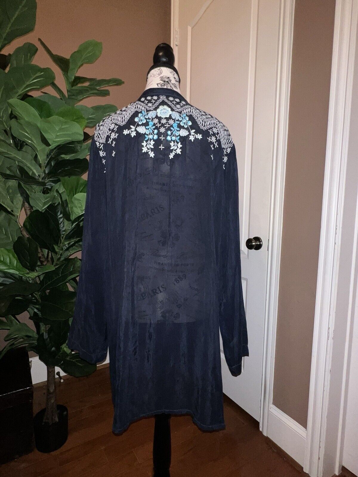 Johnny Was Silky Blue Embroidered Tunic Top Mini Dress Roll Up Sleeves Sz XL