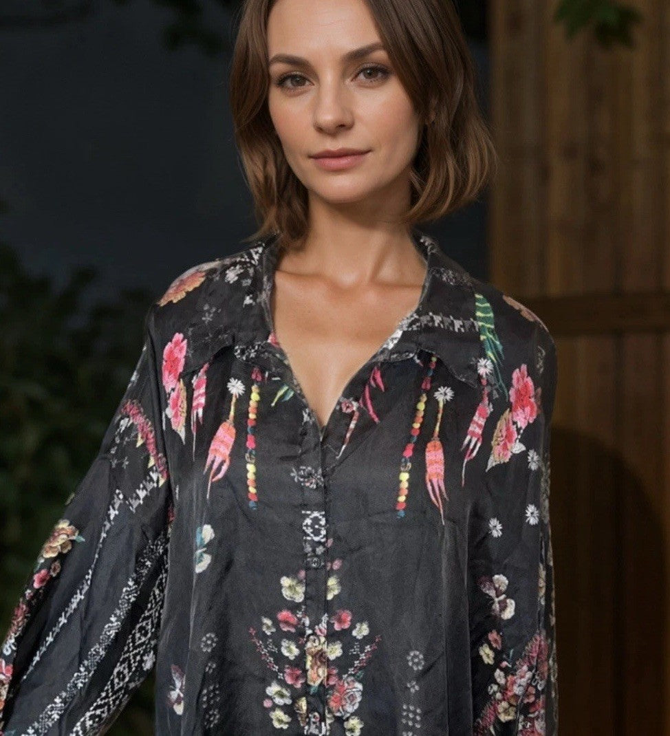 Johnny Was L 100% Silk Button Up Blouse Shirt Long Sleeve Tunic Top Lightweight Johnny Was