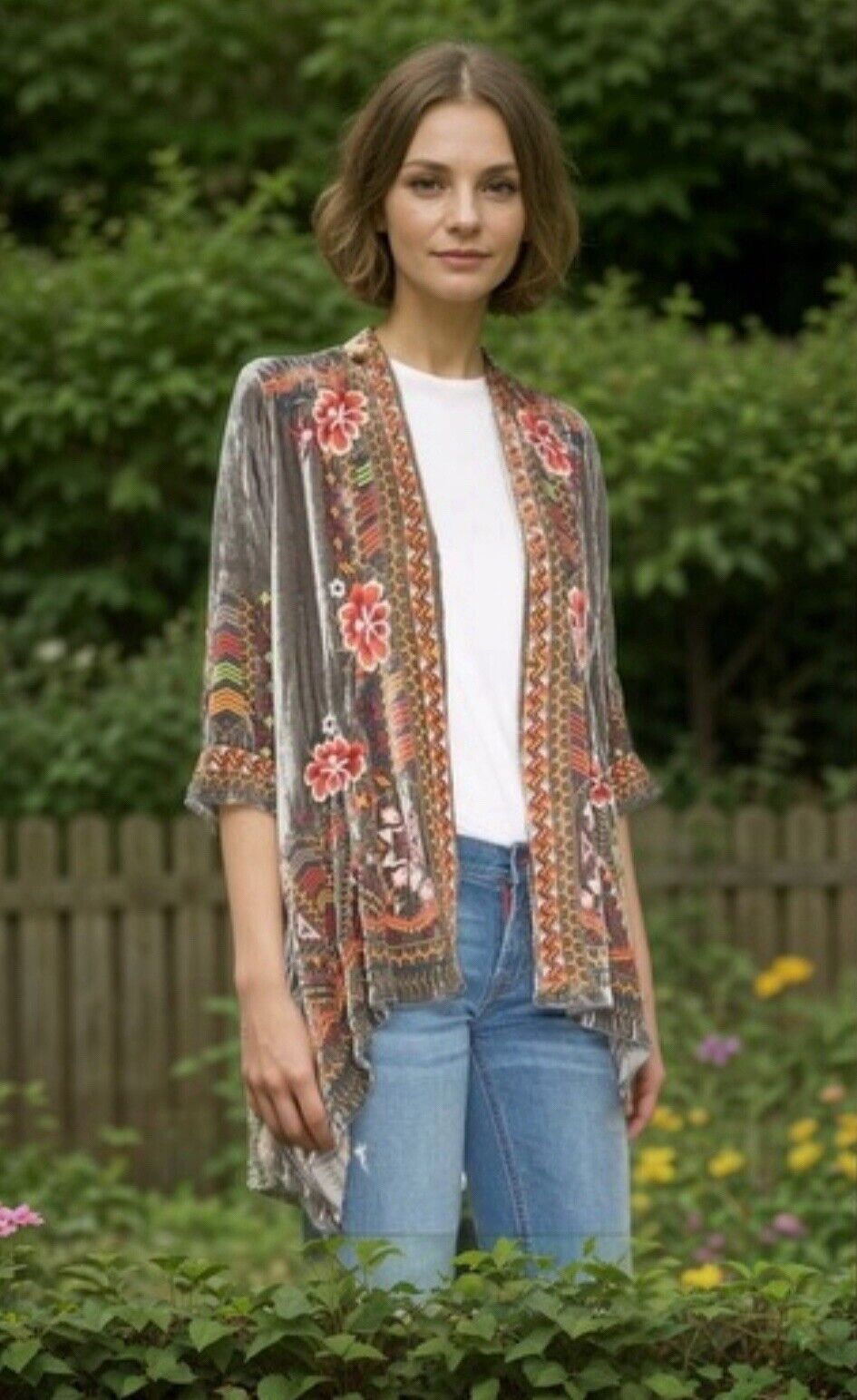 Johnny Was XL 1X Grey Velvet Kimono Duster Wrap Jacket Embroidered Coat