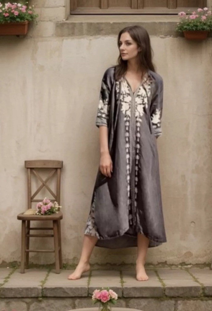 Johnny Was XL Grey Linen Shift Mini Dress Tunic Top Embroidered Cream Flower Johnny Was