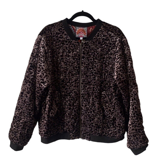 Johnny Was Leopard Velvet Quilted Bomber Jacket Coat Sz XL Silk Interior