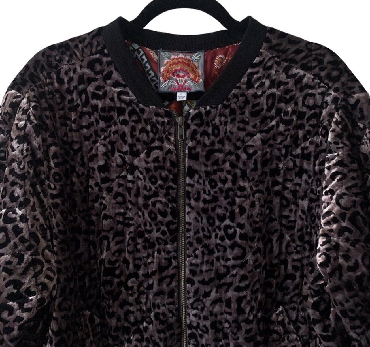 Johnny Was Leopard Velvet Quilted Bomber Jacket Coat Sz XL Silk Interior