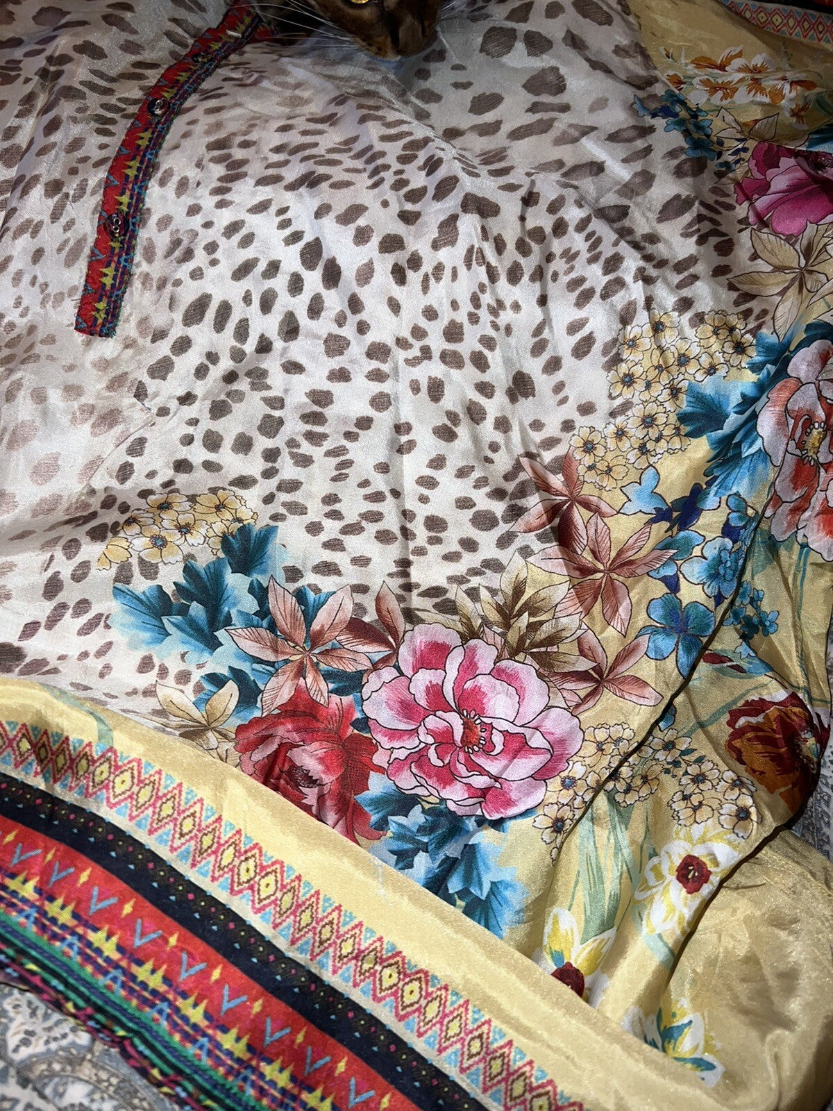 100% Silk Johnny Was Tunic Top XL Soft & Flowy Leopard & Flower Johnny Was