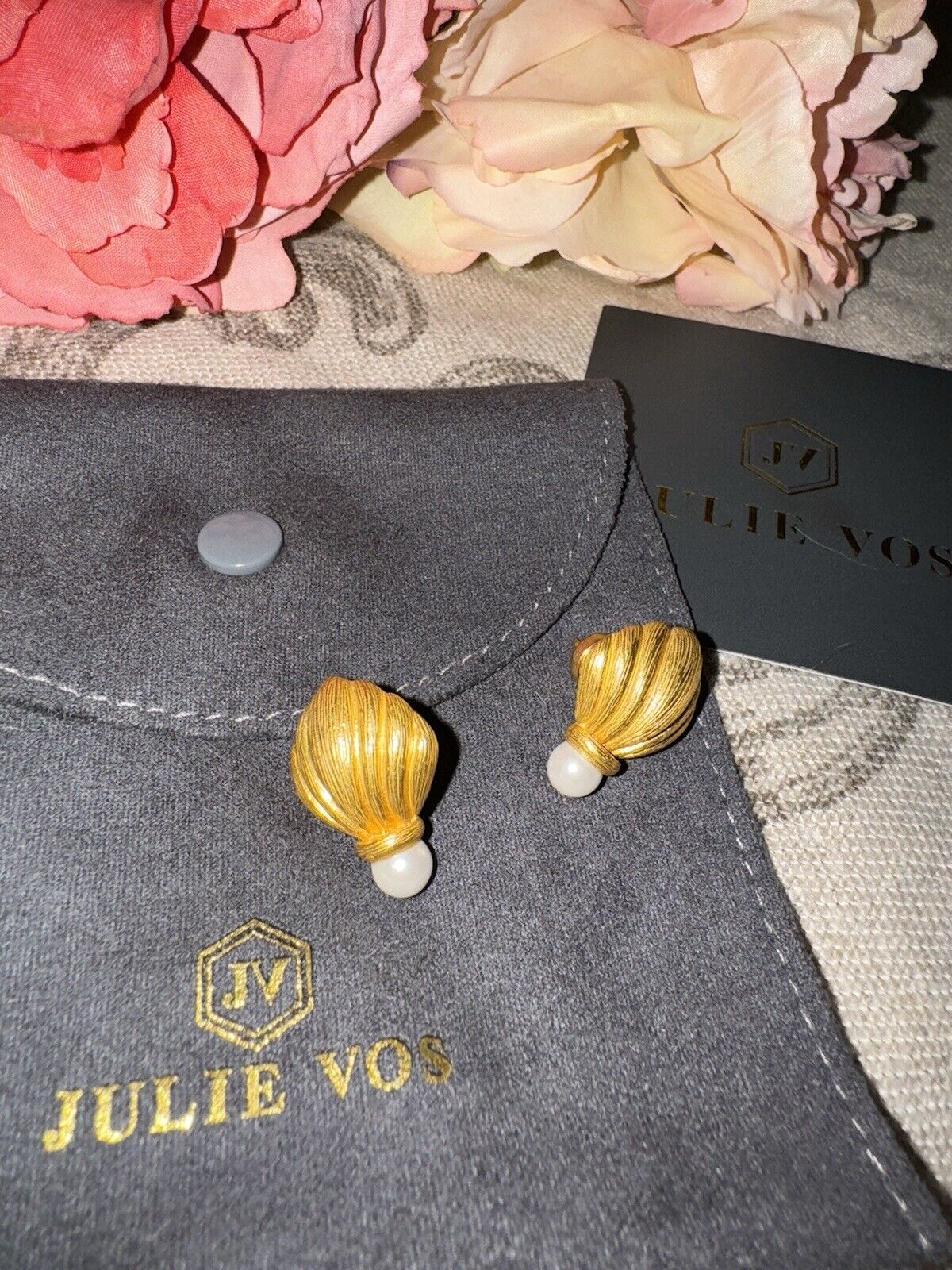 Julie Vos Pearl & 24k Gold Plated Shell Crest Stud Earrings RETIRED