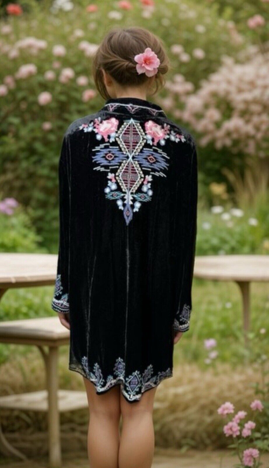 Johnny Was Black Velvet XL 1X Aztec Kimono Wrap Duster Jacket Coat Cardigan