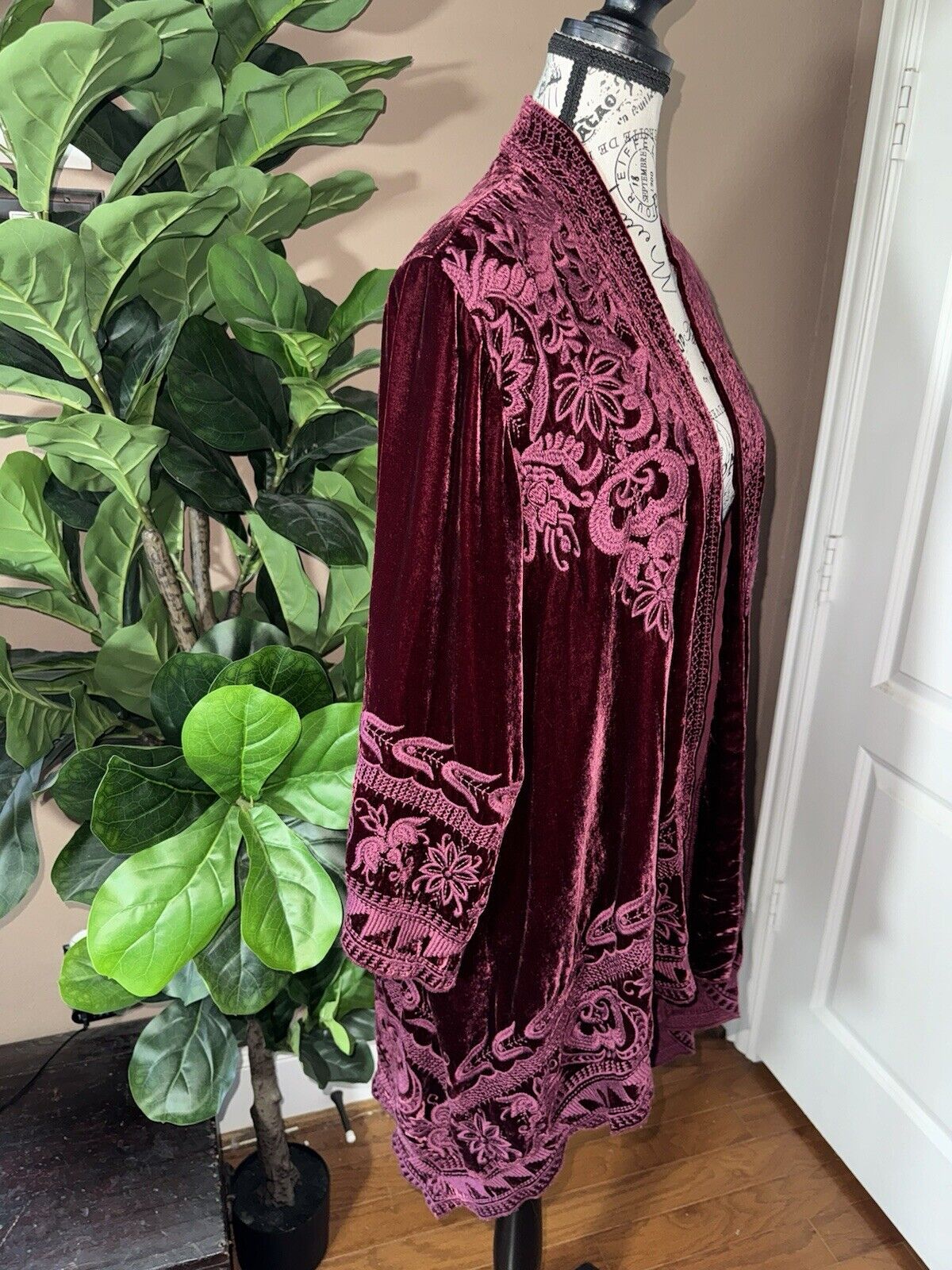 Johnny Was Burgandy Wine Velvet & Embroidered Top Kimono Wrap XL 1X 1XL