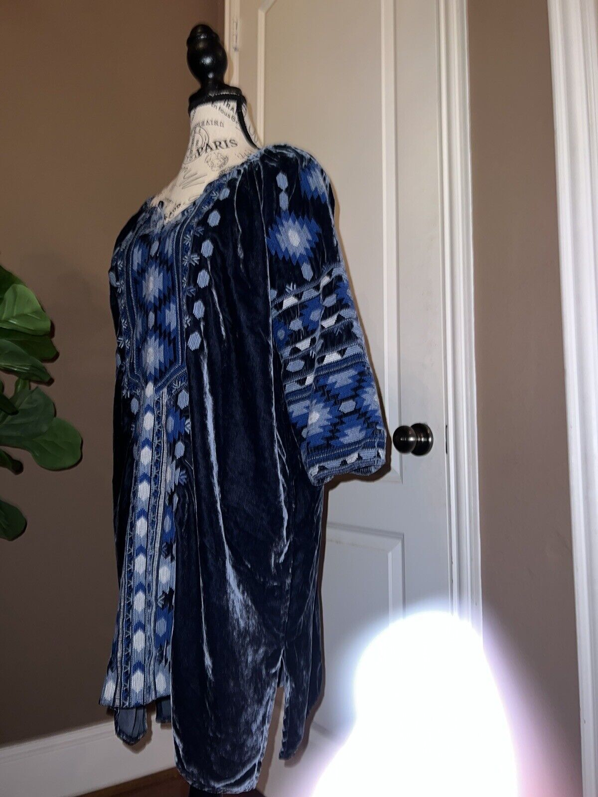 Johnny Was Sz L Large Blue Velvet Heavily Embroidered Mini Dress Tunic ToP