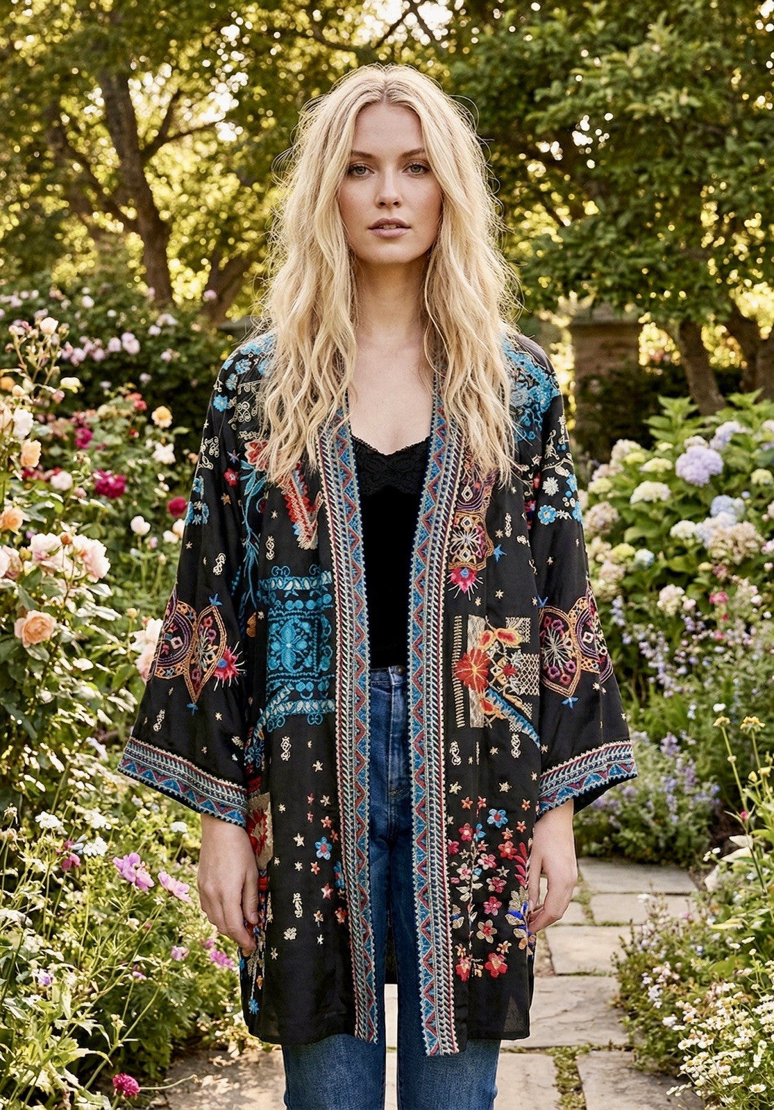 Johnny Was XL 1X Reversible KIMONO Jacket Coat Wrap Duster Embroidery STUNNING Johnny Was