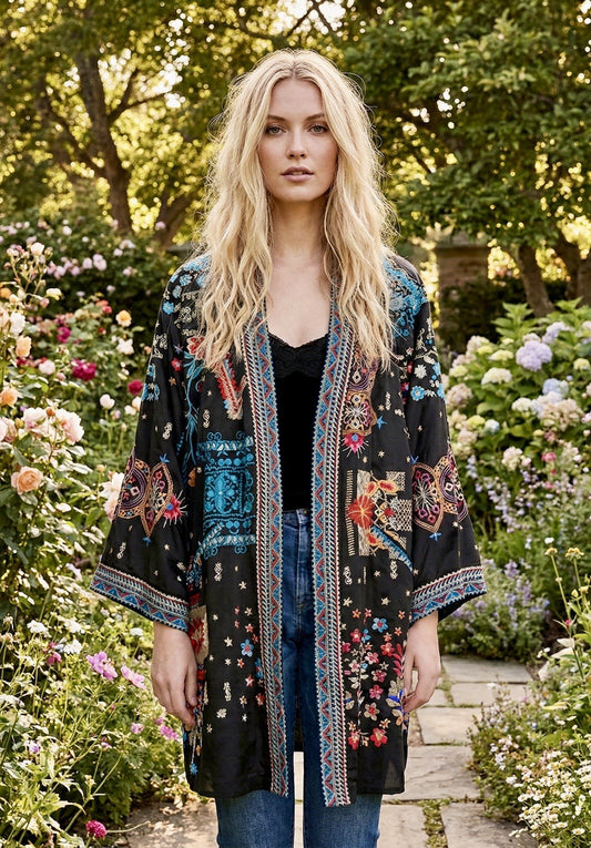Johnny Was XL 1X Reversible KIMONO Jacket Coat Wrap Duster Embroidery STUNNING Johnny Was