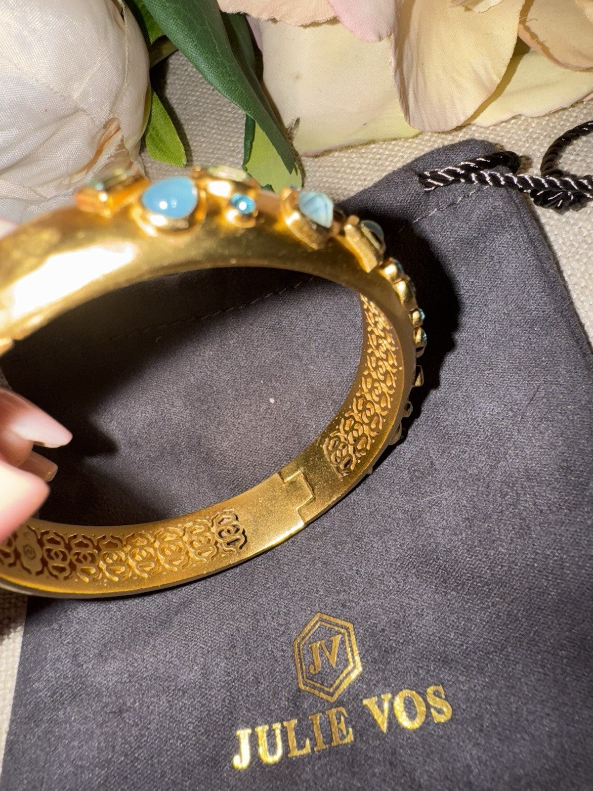 Julie Vos Hinged Bangle Bracelet Blue Iridescent Stones 24k Plated Julie Vos