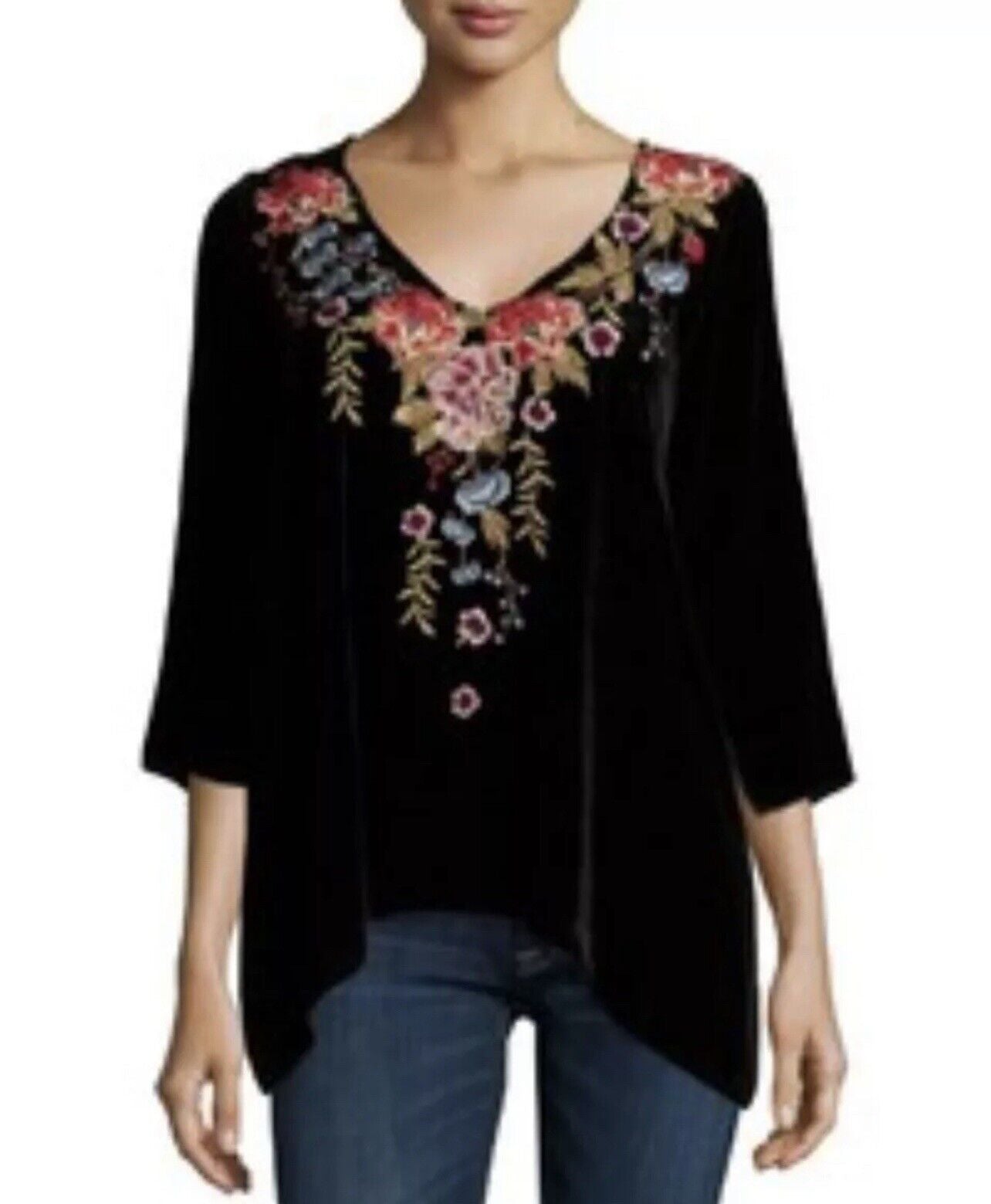 Johnny Was 3X 3XL Black Velvet Embroidered Tunic Top Kimono Gold Thread WOW