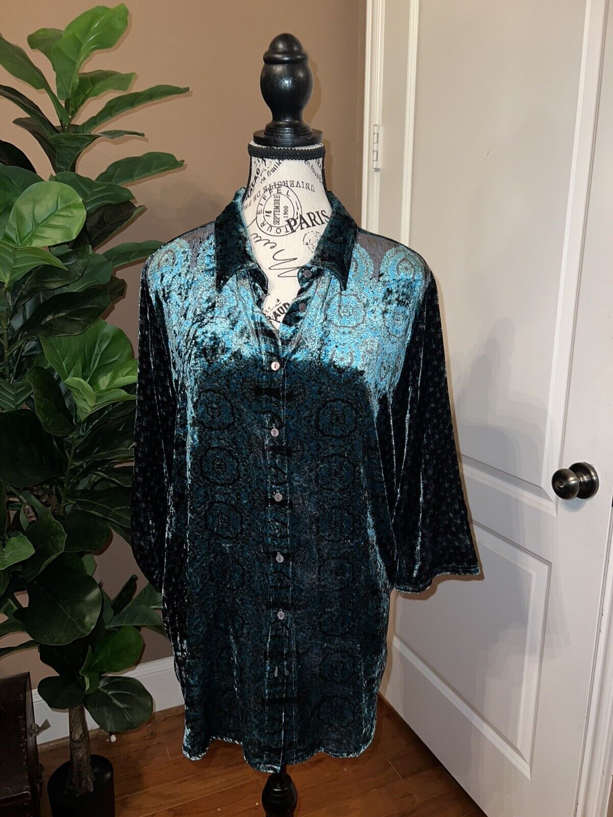 Johnny Was Turquoise Green Velvet Tunic Top Long Sleeve Button Up Sz M Medium