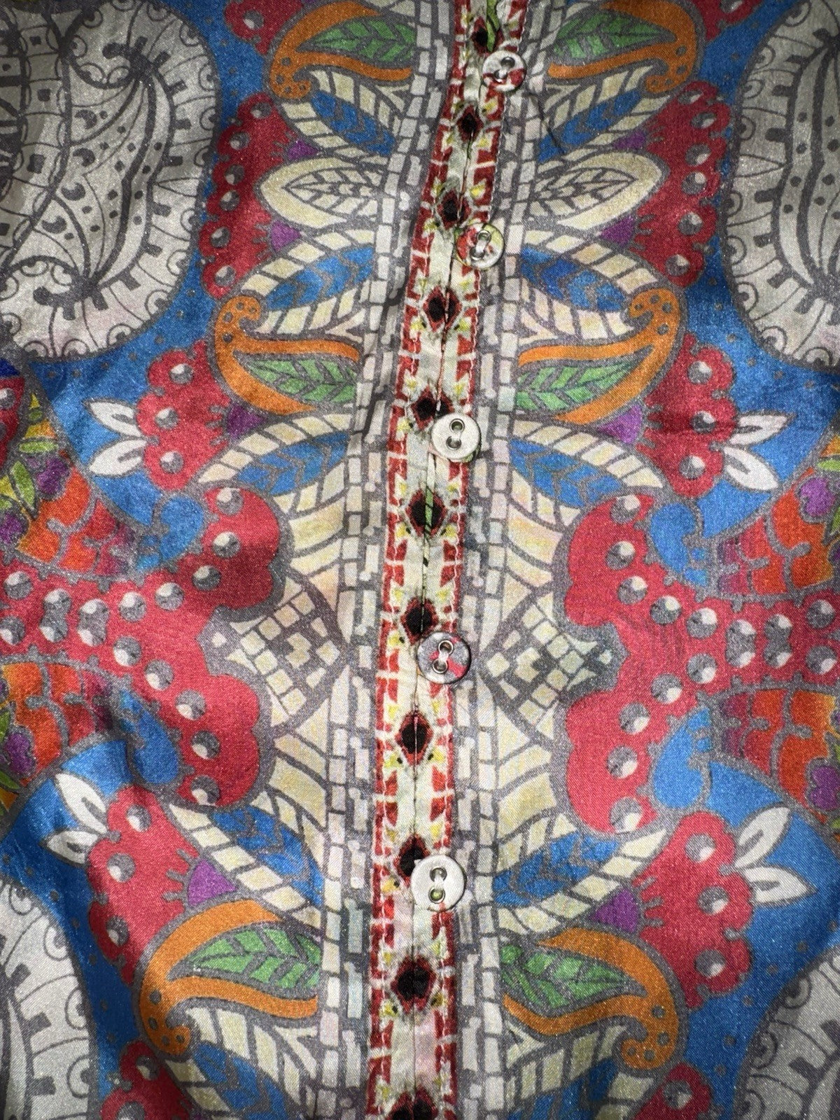 Johnny Was L Large 100% Silk Blouse Tunic Top Shirt Lace Hem Button Up Johnny Was