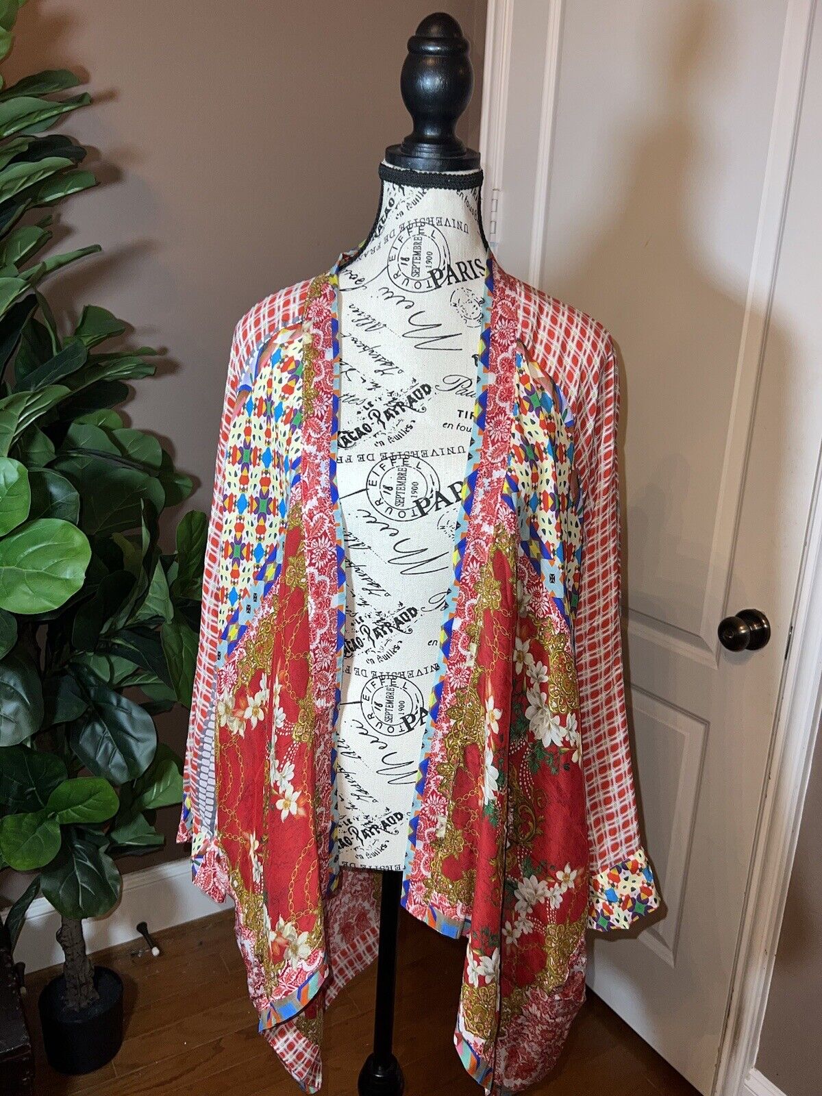 Johnny Was Silky Embroidered Kimono WRAP XL 1X SPRING Handkerchief Hem