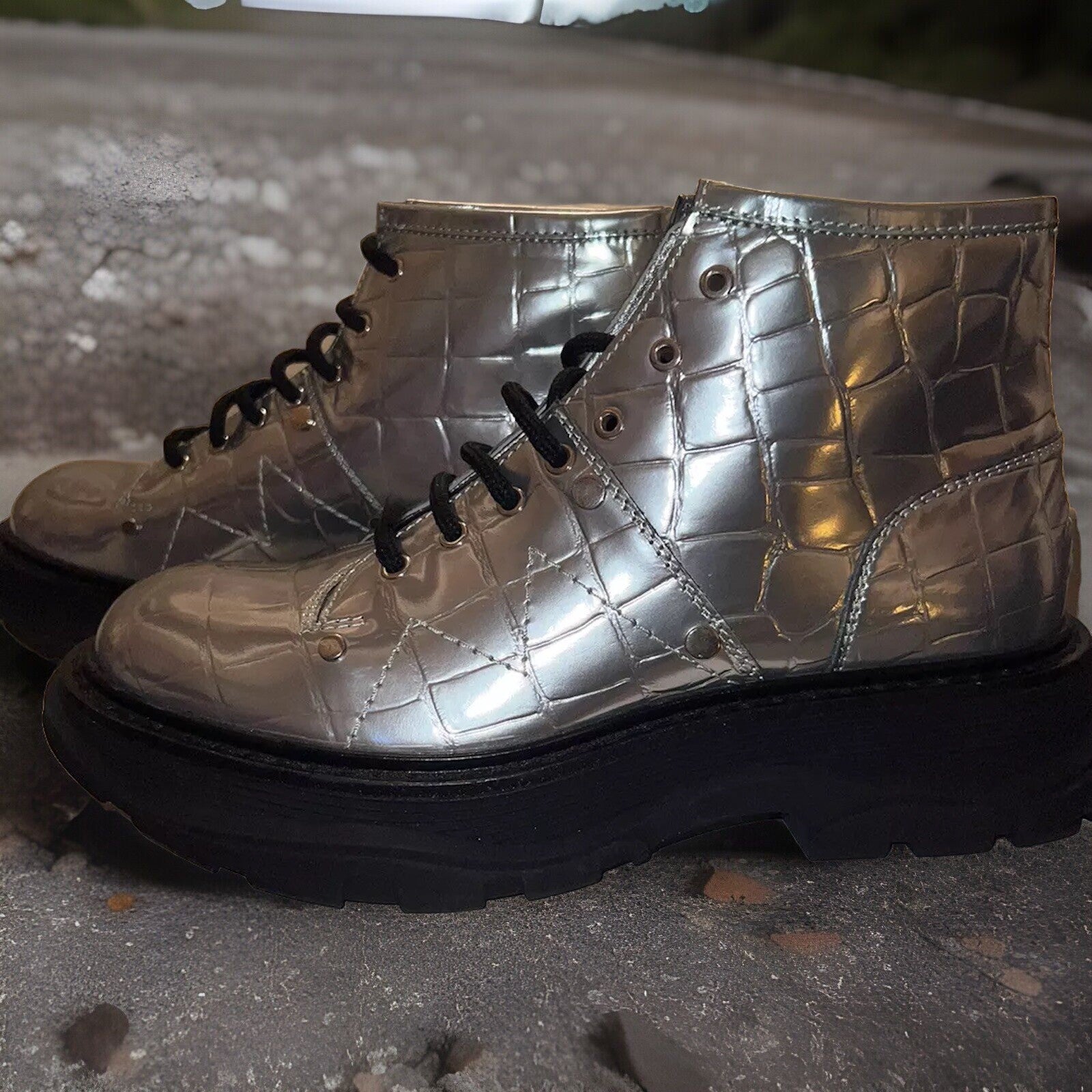 Alexander McQueen Patent Animal Print Combat Boots Silver 39.5 $1050 Retail Alexander McQueen