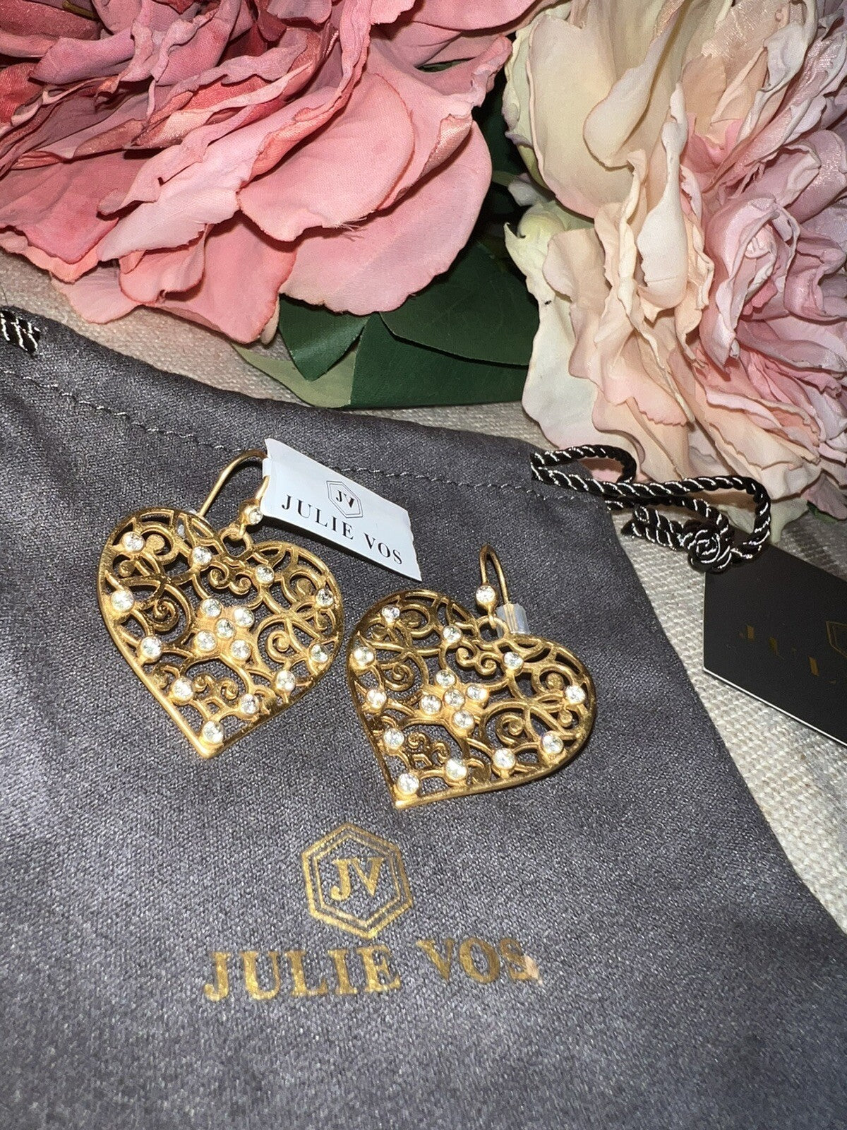 Julie Vos Heart Earrings CZ Embellished 24k Gold Plated Luxe statement Julie Vos