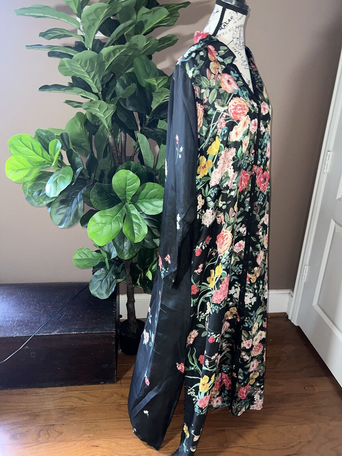 Johnny Was 100% Silk Black Sz L Large Maxi Dress Long Button Up