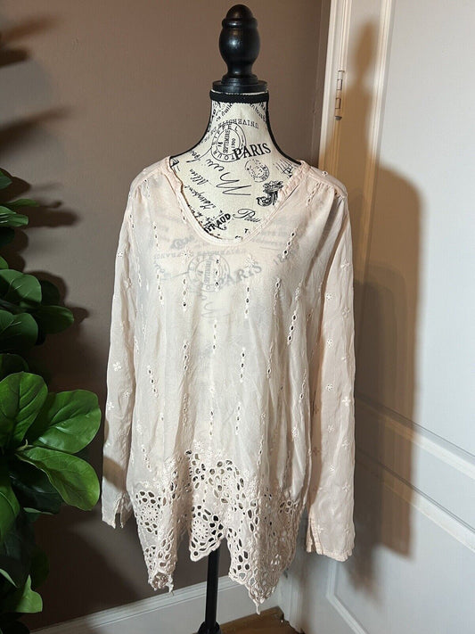 Johnny Was Silky Soft Pink Blouse Top Tunic Eyelet Lace Sz L  Large SPRING