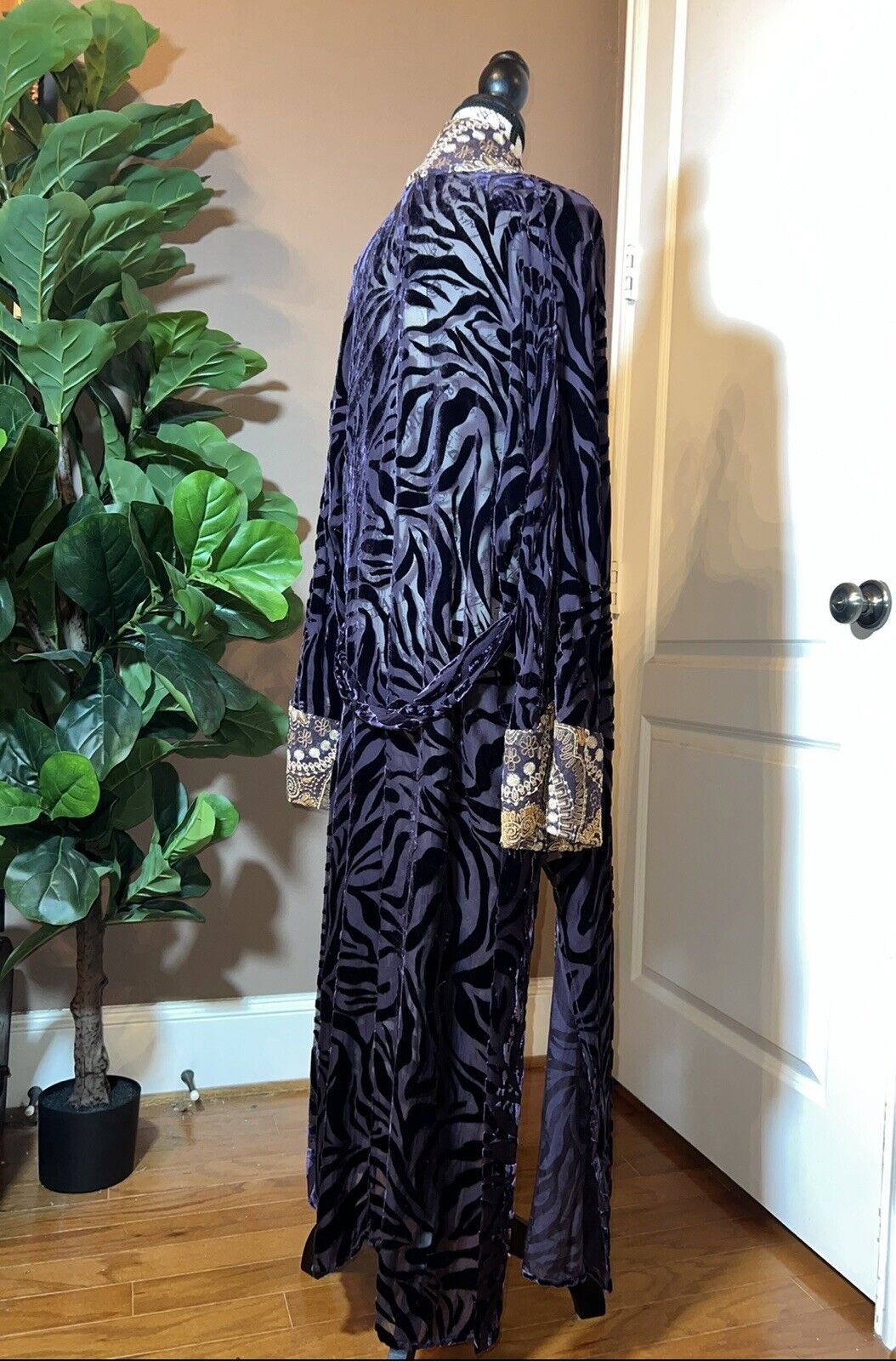 Johnny Was XL Burnout Velvet Long Kimono Duster Wrap Deep Plum Wine Zebra & Gold