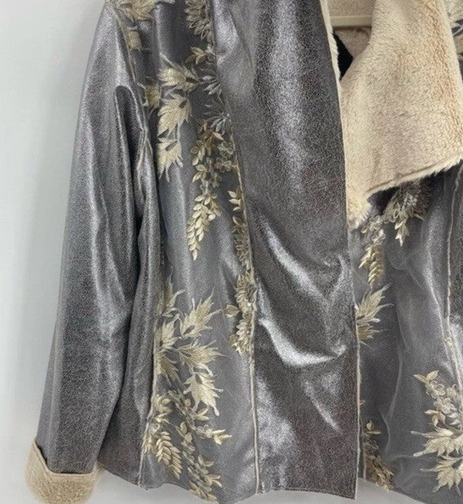 Johnny Was XL Silver Faux Suede & Fur Jacket Coat Applipue & Embroidery Johnny Was