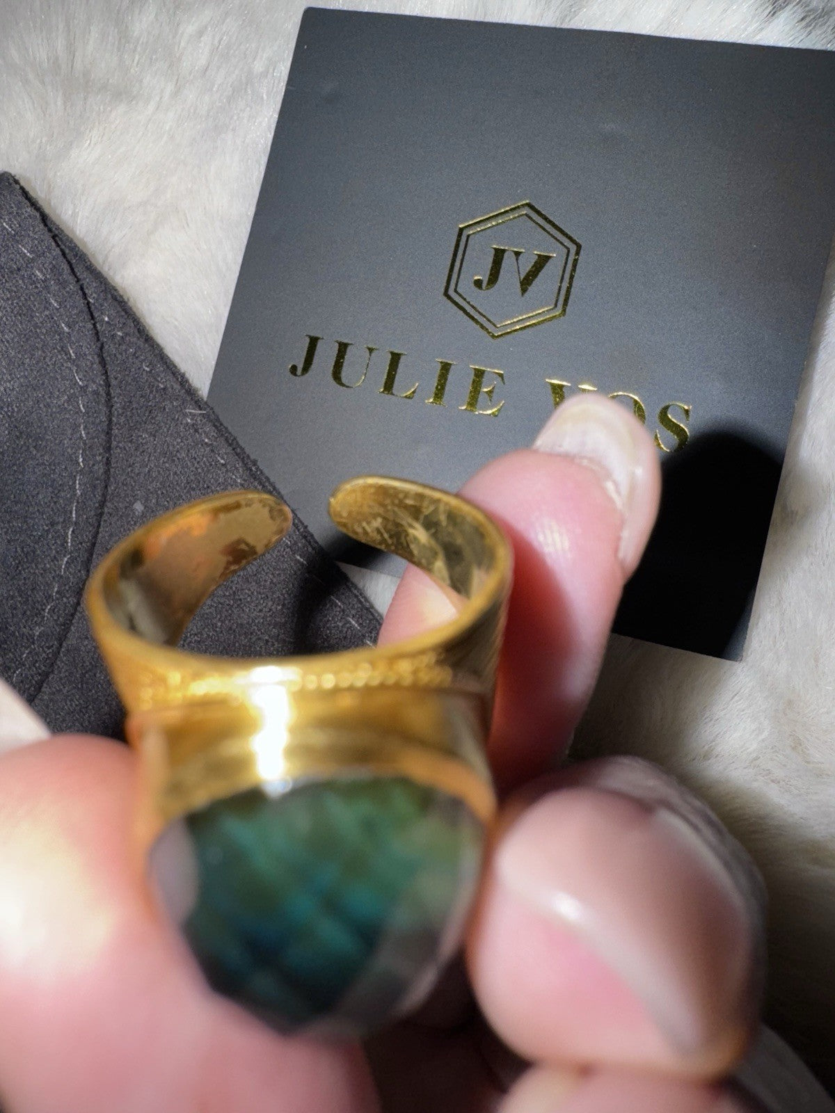 Julie Vos Iridescent Peacock Blue Statement Ring Sz 9 ADJUSTABLE 24k Gold Plate Julie Vos