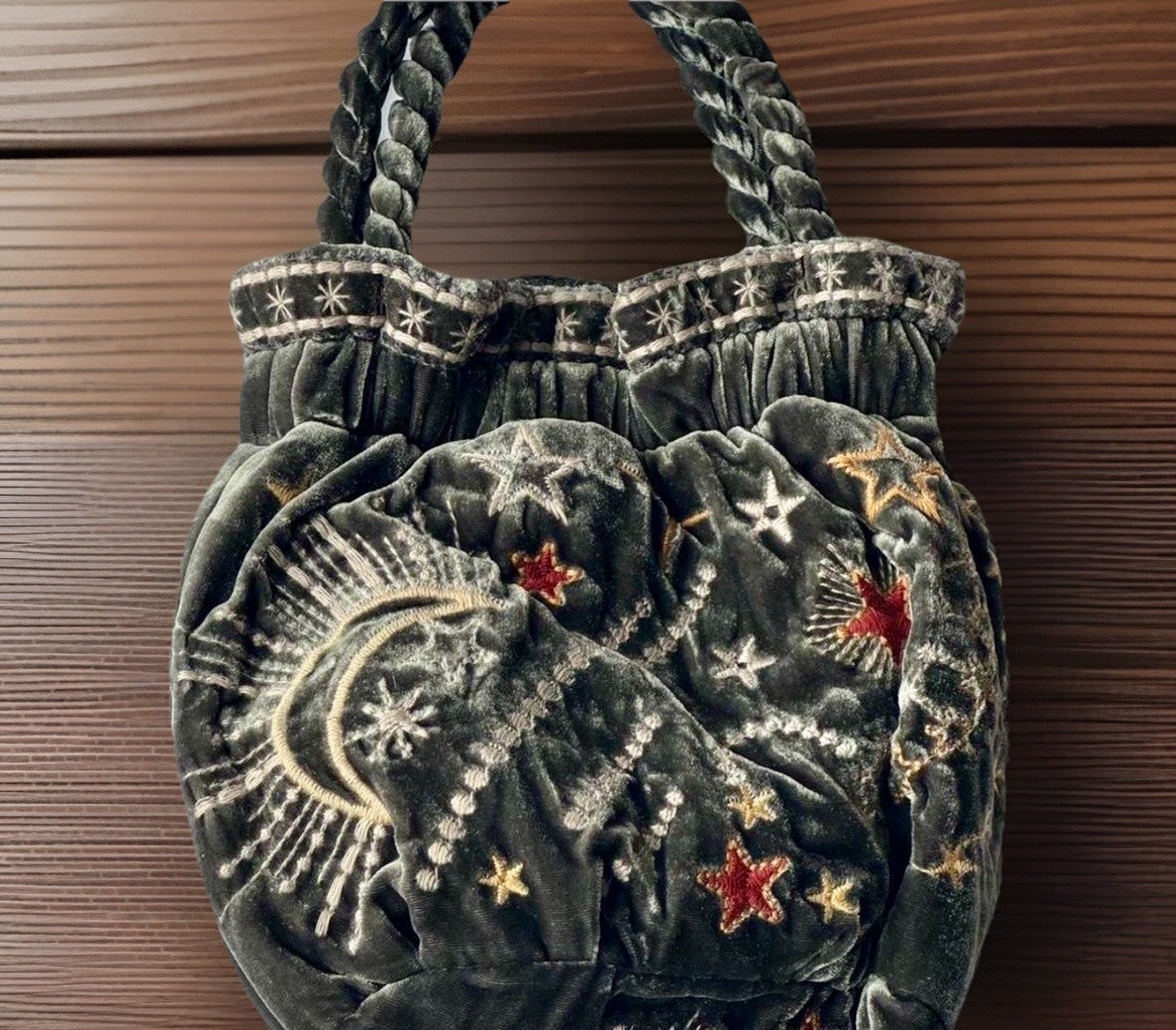 Johnny Was Grey Velvet Hobo Bucket Bag Tote Purse Embroidered Celestial Johnny Was