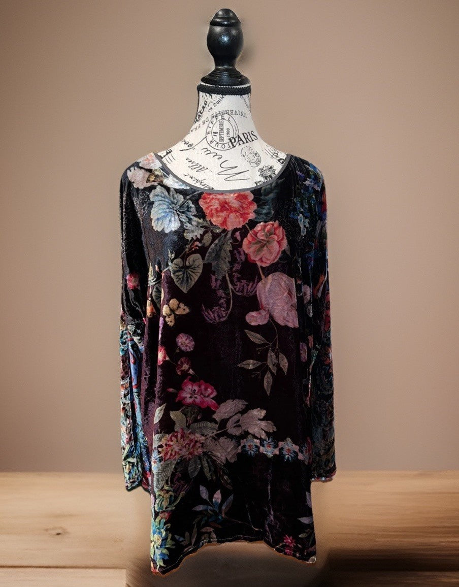 Johnny Was XL Floral Velvet Tunic Top Mini Dress Long Sleeve Lightweight Cool Johnny Was