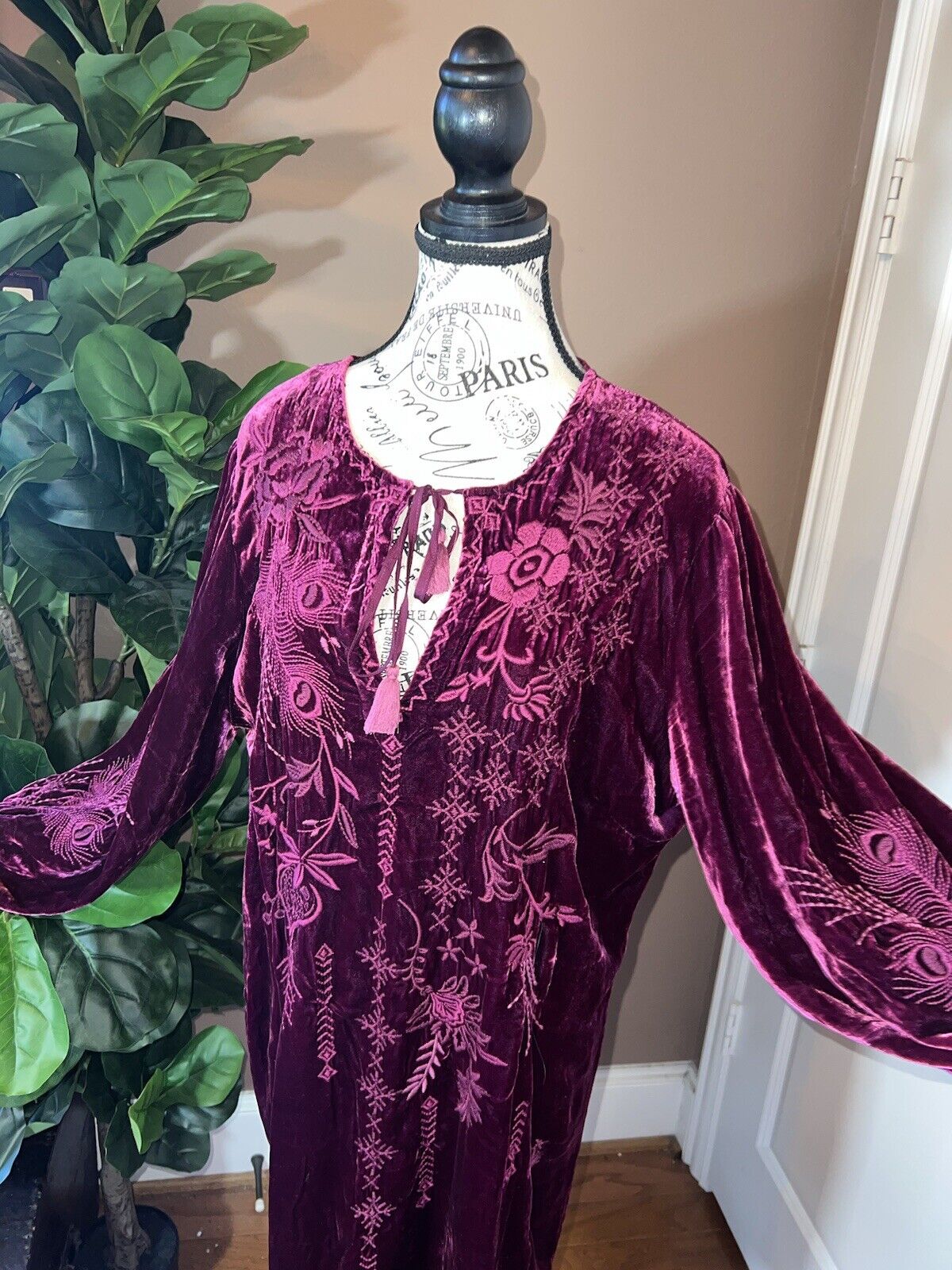 Johnny Was Wine Velvet Heavily Embroidered Tunic Top Mini Dress L Large