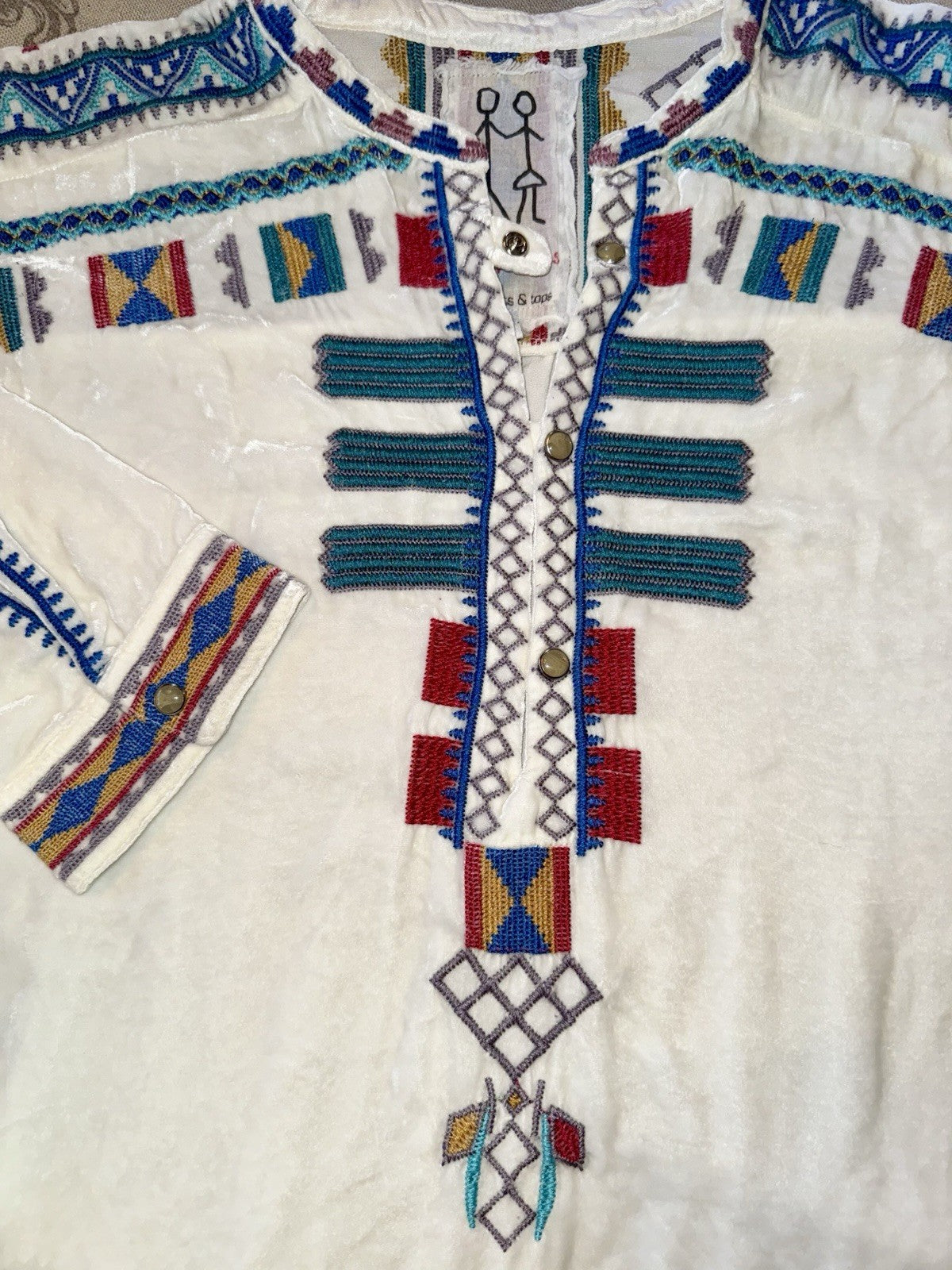 Johnny Was L Large Cream White Velvet Peasant Tunic Top Blouse Embroidered Johnny Was