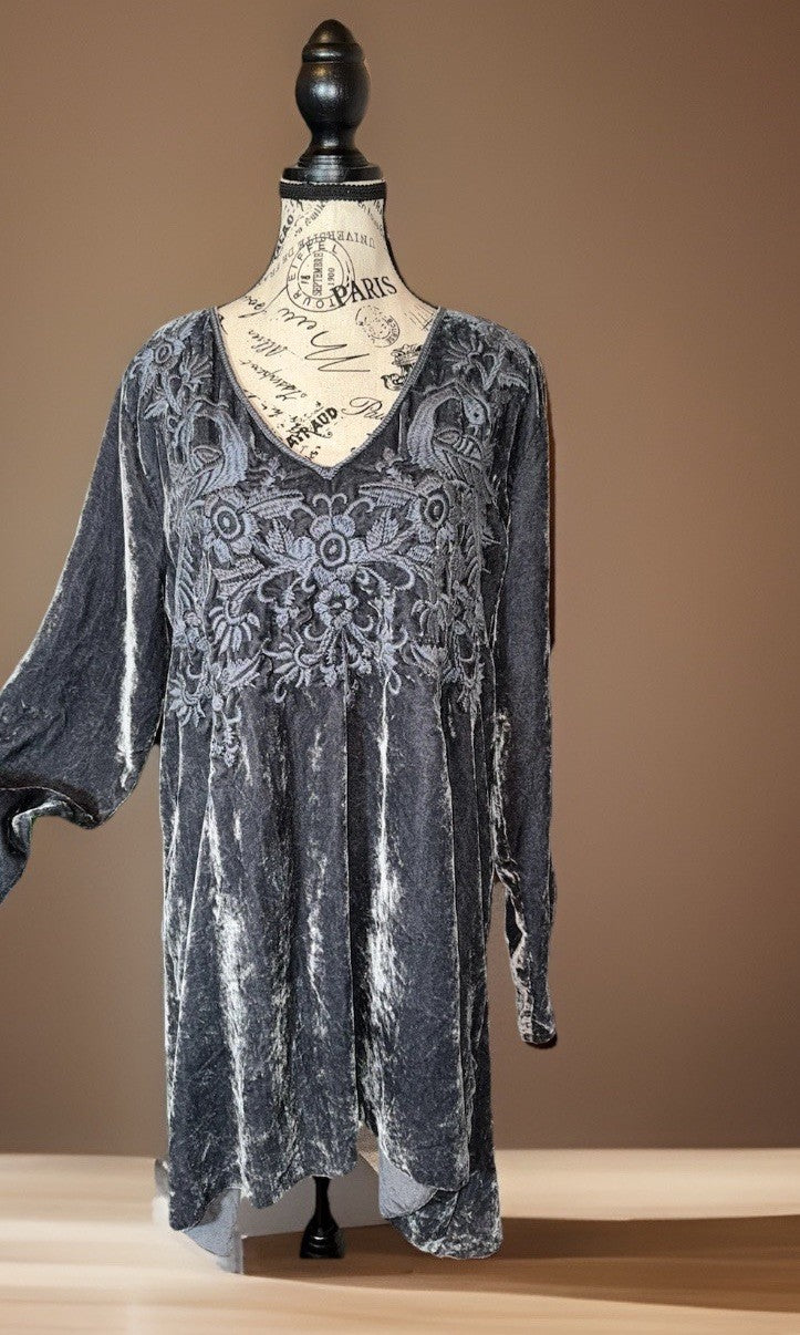 Johnny Was L Steel Grey Velvet Mini Dress Or Tunic Top BOHO Tonal Embroidery Johnny Was