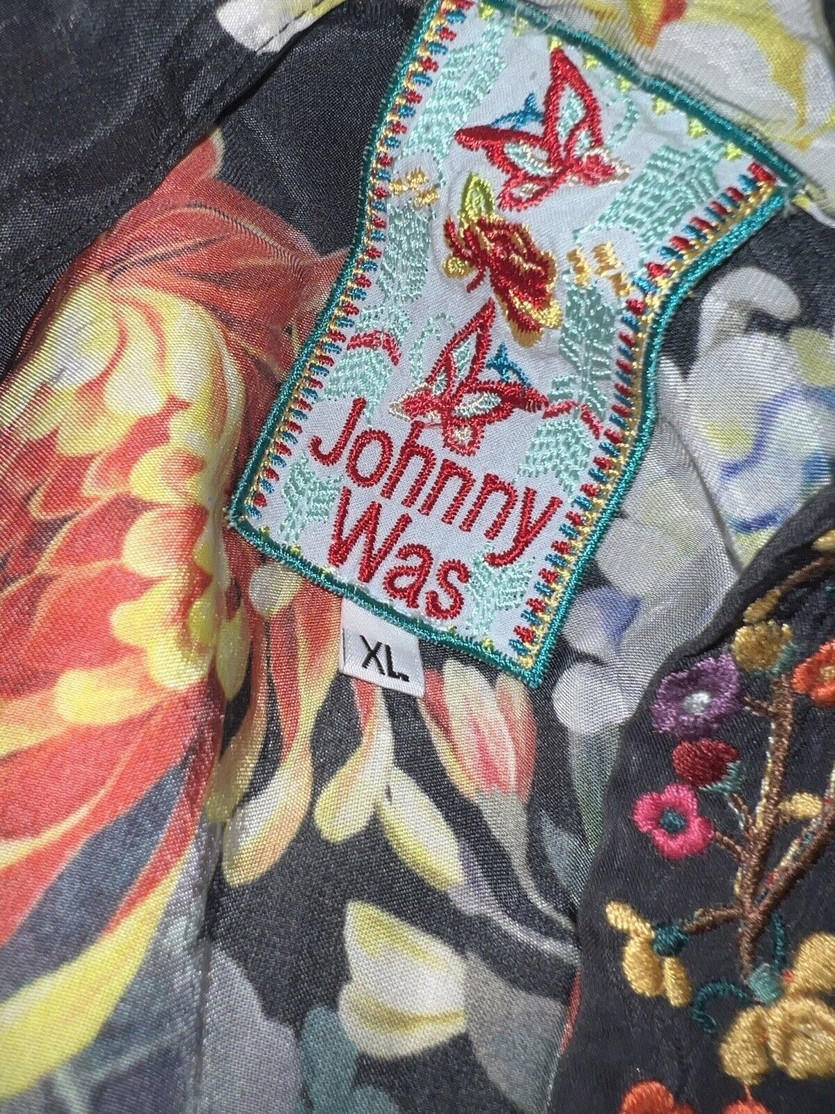 Johnny Was Silky Kimono Heavily Embroidered Trim XL Extra Large Pockets