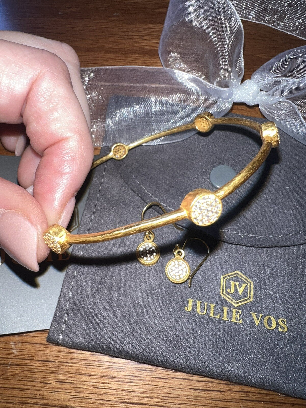3pc Set Julie Vos Pave Earrings & CZ Stations Bracelet Bangle Sz Large Julie Vos