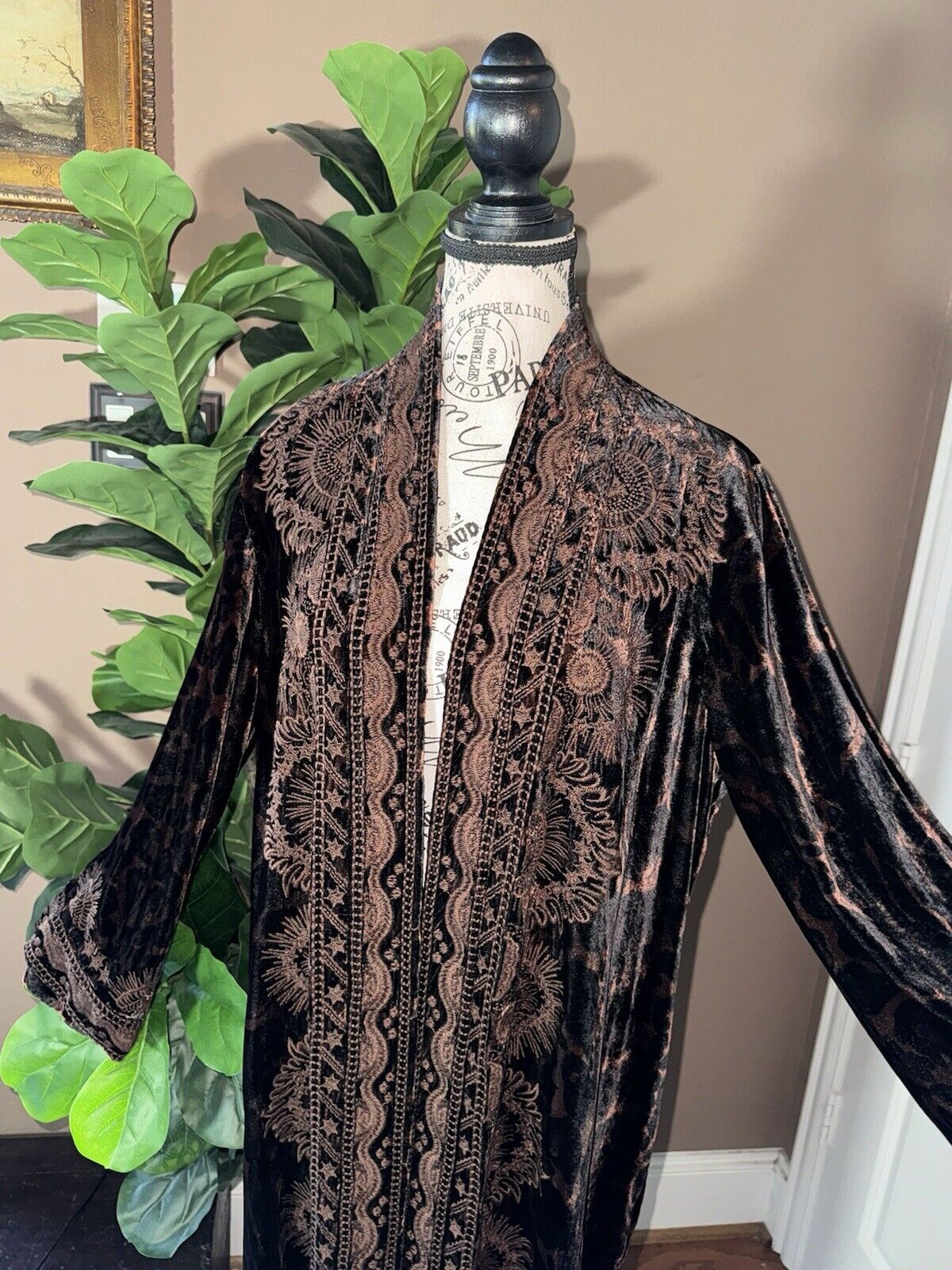 Johnny Was L Large Velvet Long Kimono Duster Wrap Leopard & Lace Jacket