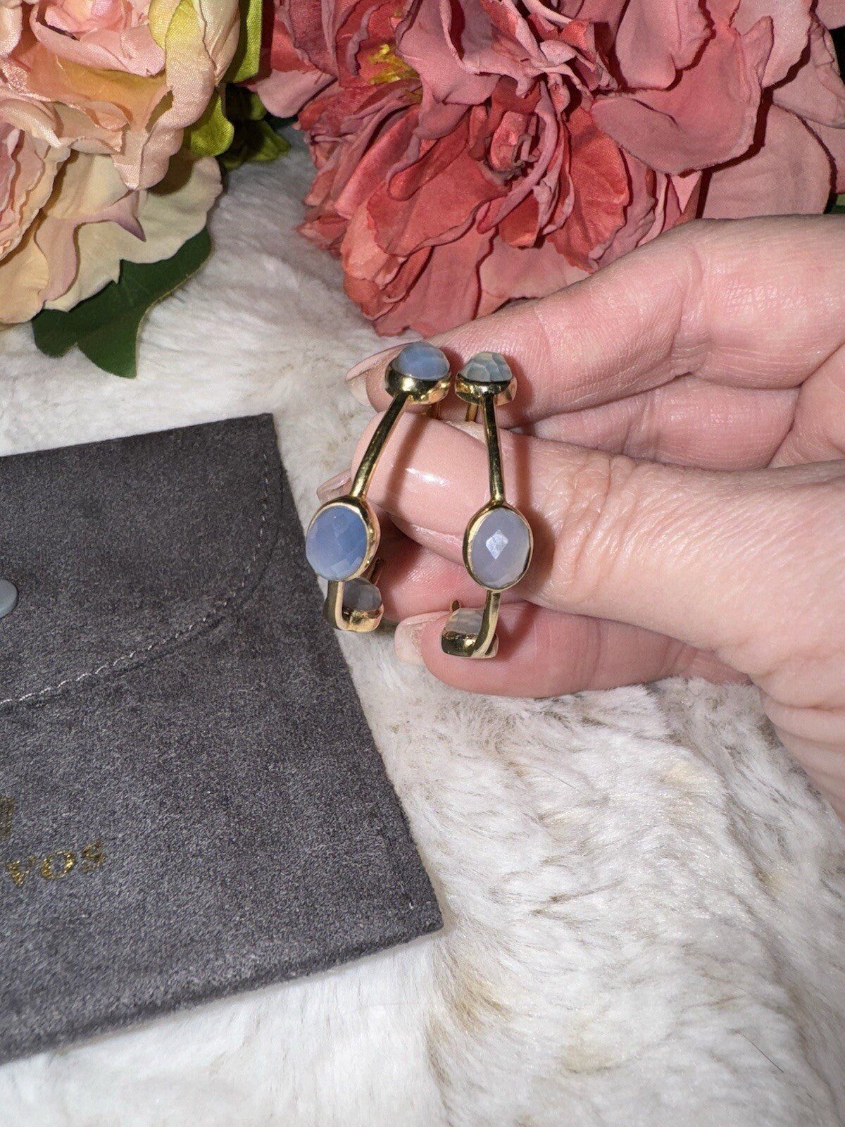 Julie Vos Blue & 24k Gold Plated Hoop & Stone Earrings 1.25” RETIRED VINTAGE Julie Vos