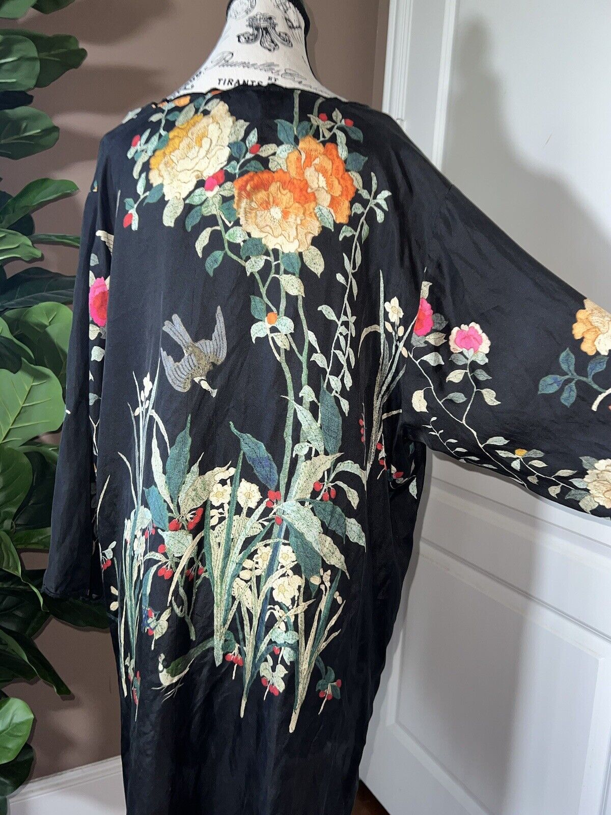 100% Silk Johnny Was Black Tunic Top Or Mini Dress XXL 2X 2XL Birds & Flowers