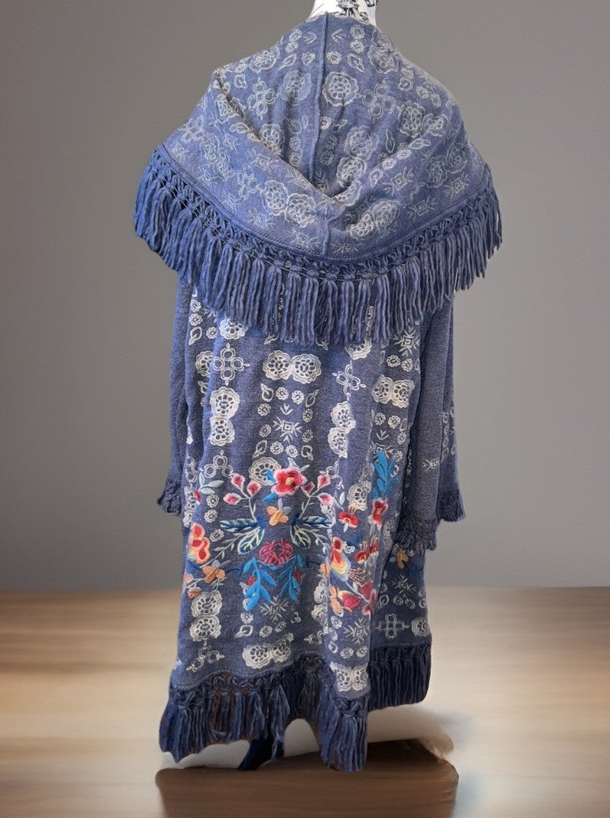 Johnny Was M Sweater Hoodie Coat Jacket Wrap Pockets Fringe Embroidered Johnny Was